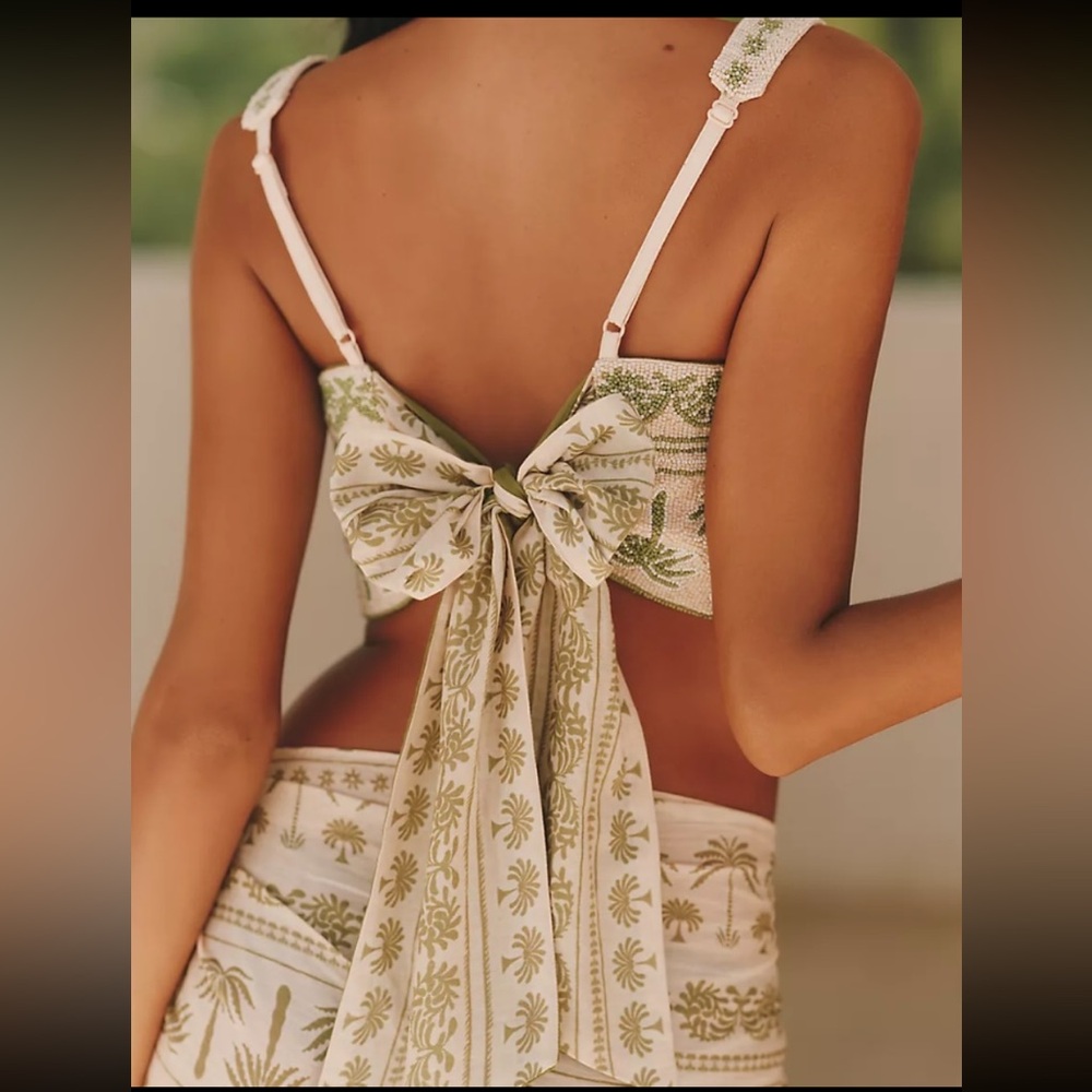 Anthropology Celandine Beaded Palm Tree Cami. Green and Cream Beaded Crop Top